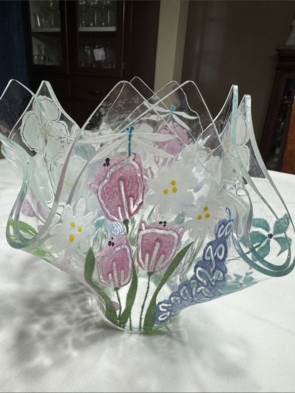 Handmade art glass handkerchief vase. 6 1/4” X 7 1/2” wide.
